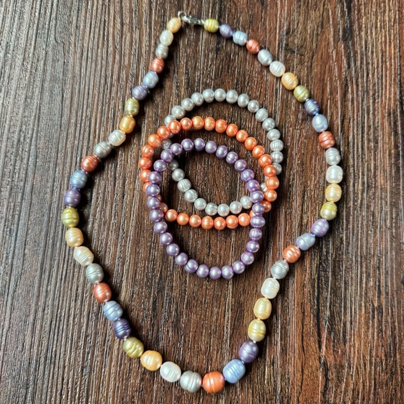 Honora 20” Multicolor Freshwater Pearl Necklace + Stretch Bracelets Sterling 925 - Picture 3 of 16